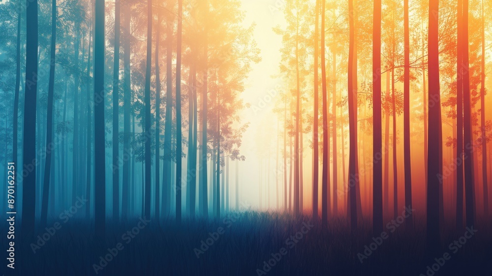 A tranquil forest with tall trees radiating vibrant orange and blue hues, creating a serene and mystical atmosphere during sunset. A tranquil forest with tall trees radiating vibrant orange and blue hues, creating a serene and mystical atmosphere during sunset.