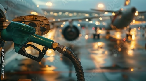 Close-up of airplane refueling at airport. Close-up view of an airplane being refueled at the airport, with the fuel nozzle connected to the aircraft and lights in the background. photo
