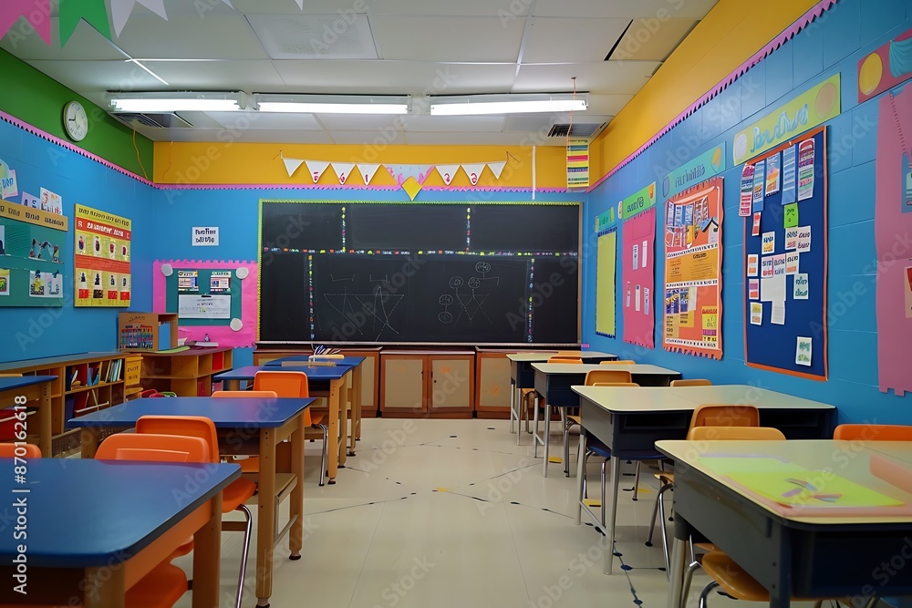 A clean blackboard in a colorful classroom, with neatly arranged desks and educational posters on the walls A clean blackboard in a colorful classroom, with neatly arranged desks and educational posters on the walls