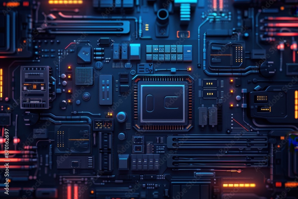 High-tech close-up image of a blue computer motherboard with intricate circuits and components illuminated by glowing LED lights. High-tech close-up image of a blue computer motherboard with intricate circuits and components illuminated by glowing LED lights.