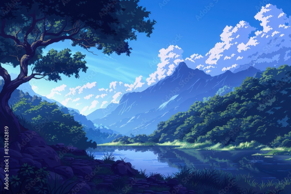 Obraz premium Peaceful mountain landscape with a serene lake, lush green forest, and clear blue sky with fluffy clouds, perfect for nature lovers.