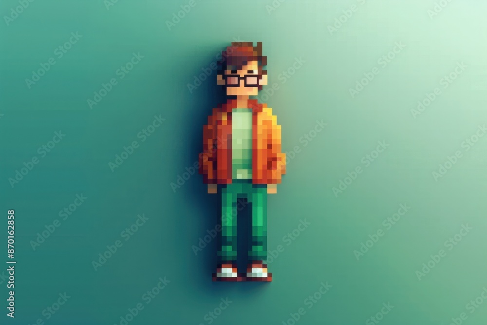 Obraz premium Pixel art character with glasses, orange jacket, and green pants against a gradient background, representing retro digital artwork.