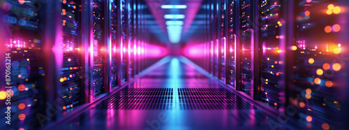 3D Render Data Center with Server Rack Glowing Light Blurred Background Purple Blue High Performance Operation AI Based