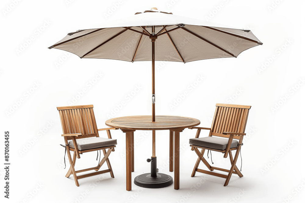 Teak Garden Table with Two Chairs and Umbrella Isolated on White Background Professional Photo Teak Garden Table with Two Chairs and Umbrella Isolated on White Background Professional Photo