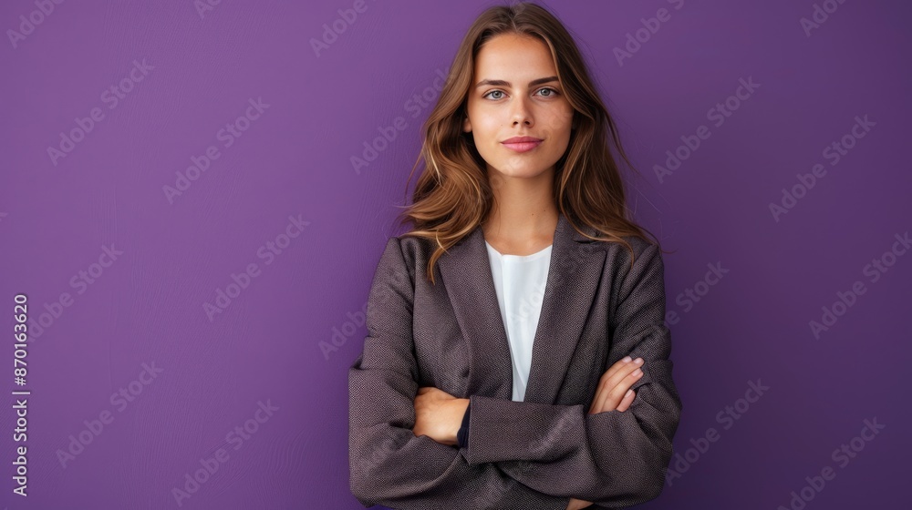 Confident Young Woman in a Suit Against a Purple Background Confident Young Woman in a Suit Against a Purple Background