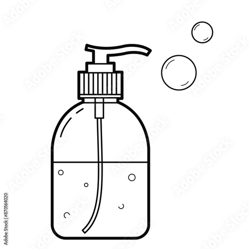 Liquid soap in a bottle with a dispenser. Plastic packaging. Isolated outline Illustration on white background.  Outline illustration, design elements 