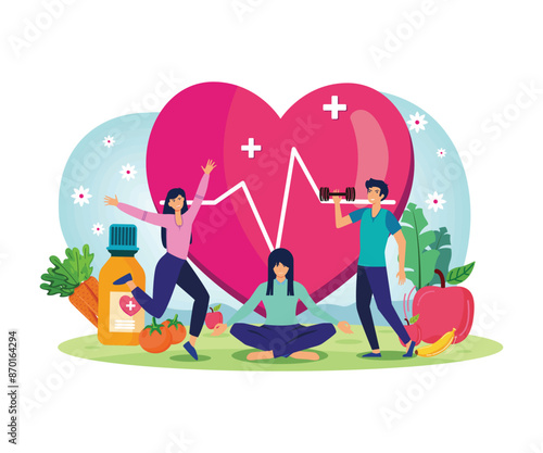 World Health Day concept with characters people are exercising, yoga, living healthy. flat vector modern illustration