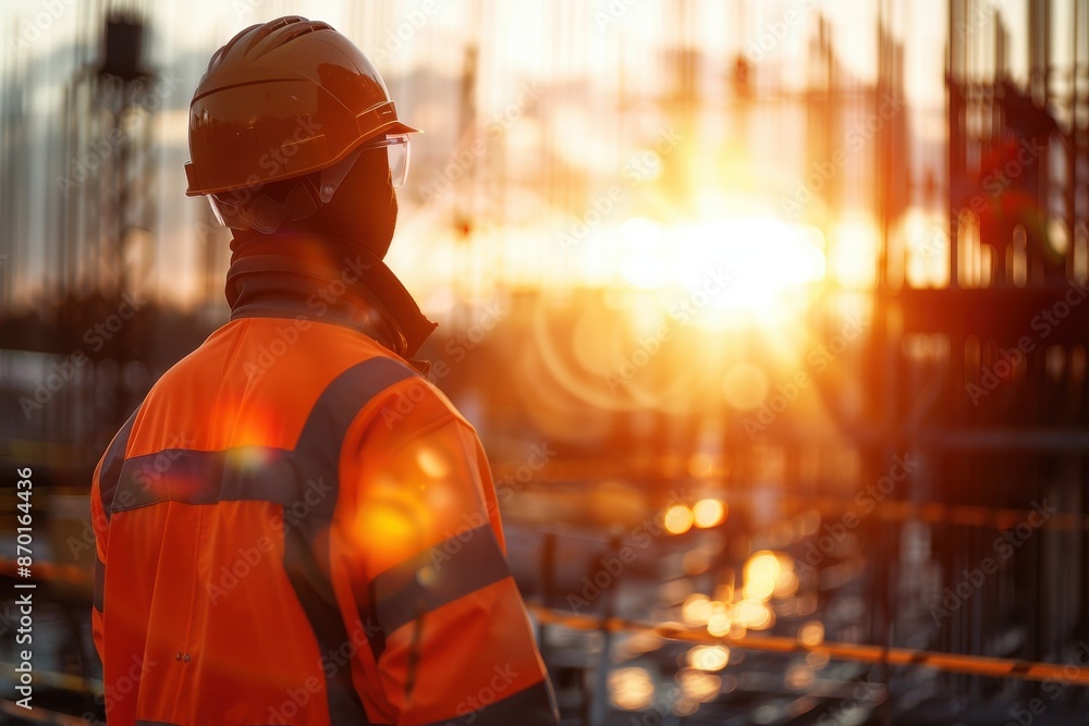 Obraz premium Construction worker in safety gear observing a construction site at sunset, highlighting the importance of safety and hard work.
