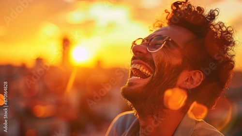 Man laughing joyfully with vibrant sunset background, showcasing happiness and carefree emotion, perfect for lifestyle inspiration and positivity. photo