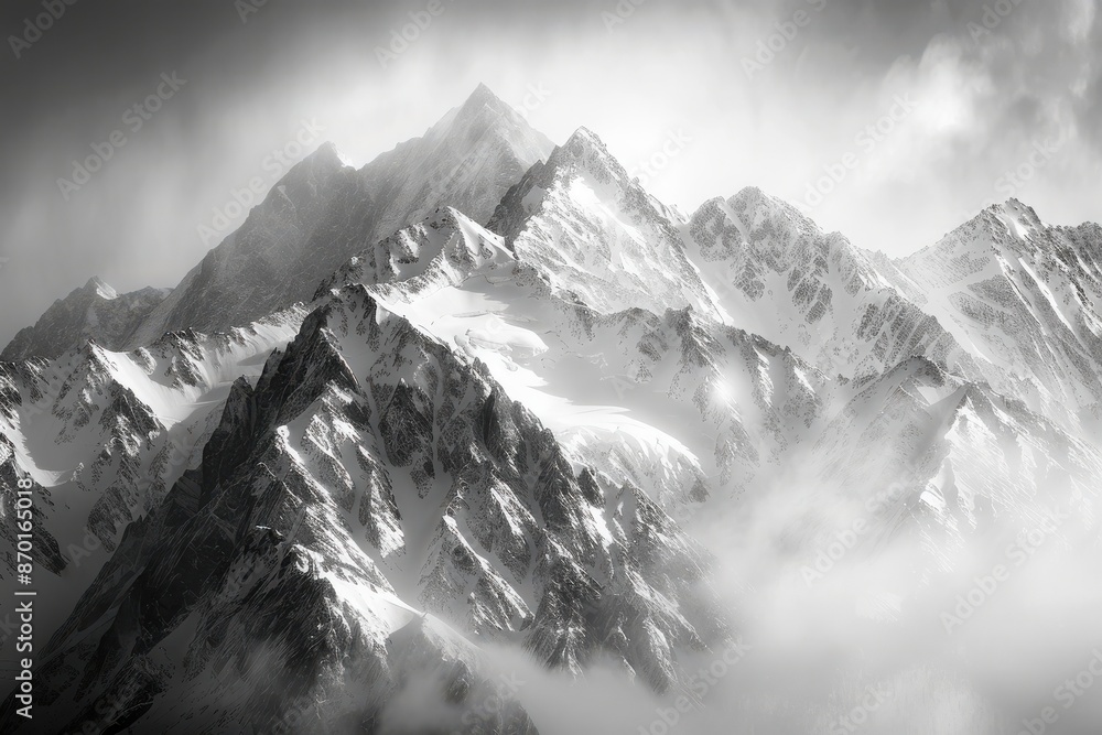 Obraz premium Stunning black and white photograph of majestic snow-capped mountain peaks shrouded in mist and clouds, capturing the serene beauty of nature.