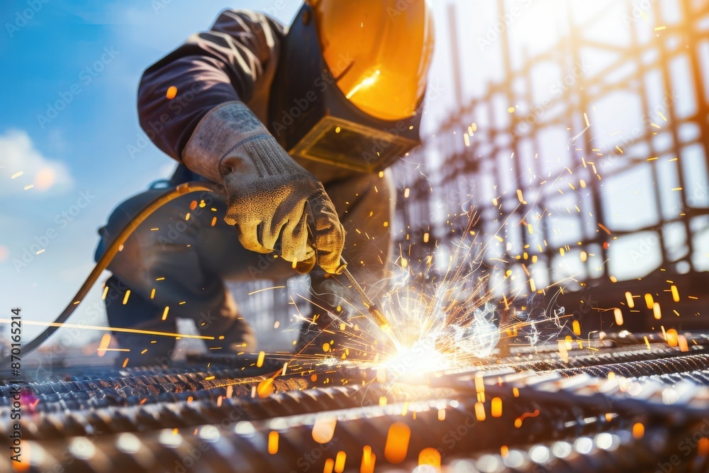 Welder working with sparks at construction site, performing welding on rebar with protective gear under bright sunlight. Welder working with sparks at construction site, performing welding on rebar with protective gear under bright sunlight.