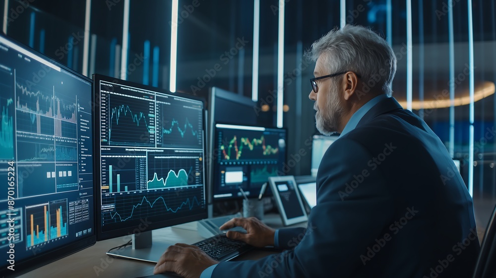 Senior Financial Planner Conducts Client Investment Portfolio Analysis in Elegant Workspace with Market Indicators and Global Economic Trends Senior Financial Planner Conducts Client Investment Portfolio Analysis in Elegant Workspace with Market Indicators and Global Economic Trends