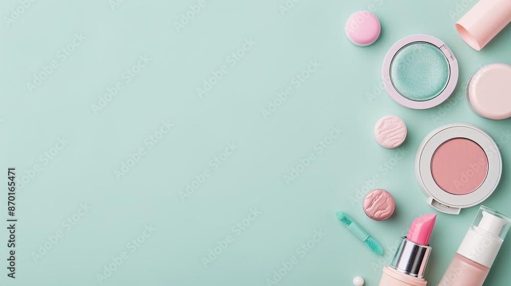 Beauty items on pastel background, eyeshadow and lip balm, blank space, colorful and elegant Beauty items on pastel background, eyeshadow and lip balm, blank space, colorful and elegant