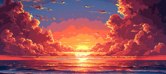 Fototapete Purpur Pixel Art Sunset with Warm Colors Over the Sea Digital Painting High Resolution Illustration  © btiger