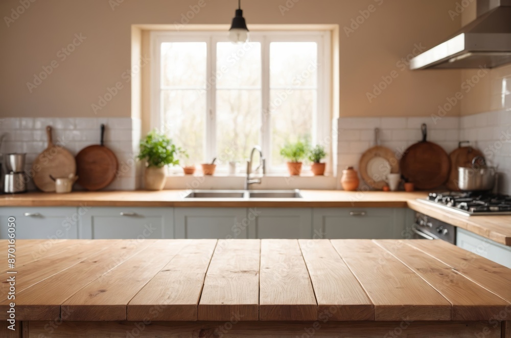 Close-up shot of wooden table countertop with blurred view of modern kitchen in background Close-up shot of wooden table countertop with blurred view of modern kitchen in background