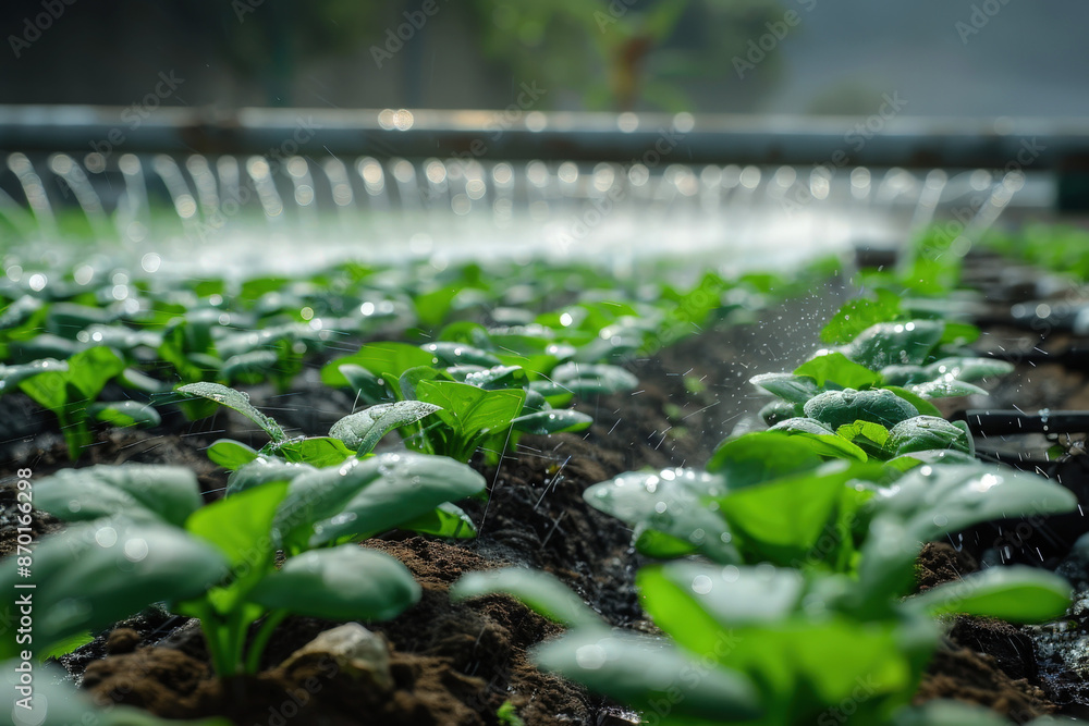 Fototapeta premium smart farm springer watering vegetables growing in outdoor farm . generative Ai