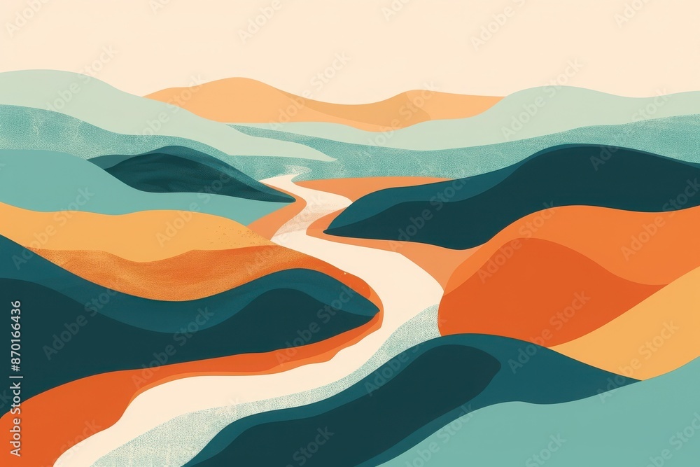 Fototapeta premium Abstract landscape artwork featuring colorful rolling hills winding river, creating sense serene natural beauty.