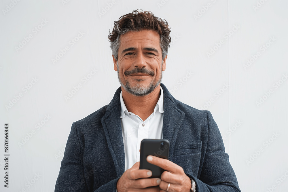 Confident Latin Businessman in Suit Holding Smartphone Smiling Isolated White Background Confident Latin Businessman in Suit Holding Smartphone Smiling Isolated White Background