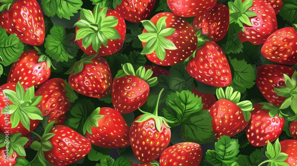Bright, vibrant close-up of red strawberries with green leaves. Perfect for summer, fruit, or food-related themes and backgrounds. Bright, vibrant close-up of red strawberries with green leaves. Perfect for summer, fruit, or food-related themes and backgrounds.