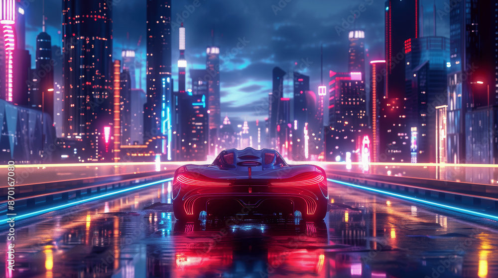 High-Speed Electric Sports Car with Neon Light Trails on Dark Road. Fast Racing and Futuristic Design Concept. High-Speed Electric Sports Car with Neon Light Trails on Dark Road. Fast Racing and Futuristic Design Concept.