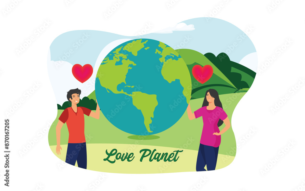 Woman and man hugging Earth. Metaphor of love for our planet, caring for nature. Ecology, cleanliness. International organization. flat vector modern illustration Woman and man hugging Earth. Metaphor of love for our planet, caring for nature. Ecology, cleanliness. International organization. flat vector modern illustration