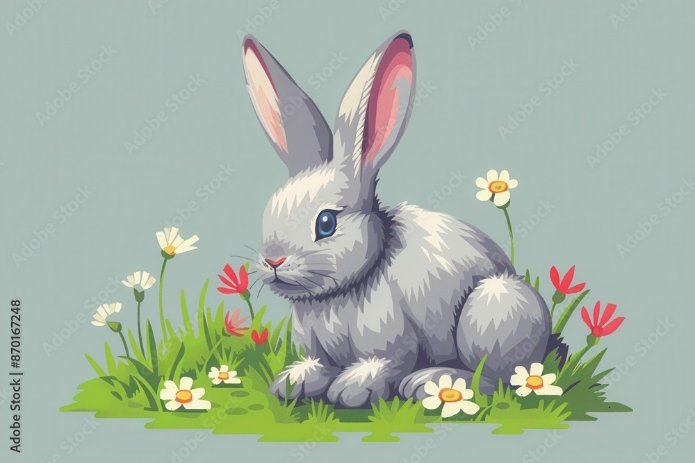 Fototapeta premium Cute illustrated rabbit sitting in a grassy field with colorful flowers, perfect for spring and nature-themed designs.