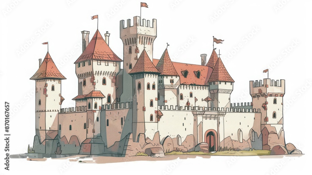 Illustration of a magical medieval castle with towers and flags, showcasing classic architecture, perfect for fantasy and historical designs. Illustration of a magical medieval castle with towers and flags, showcasing classic architecture, perfect for fantasy and historical designs.