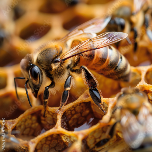 Close-Up of Bee on Honeycomb: Diligently Filling Cells with Honey, Symbolizing Harmony and Environmental Friendliness