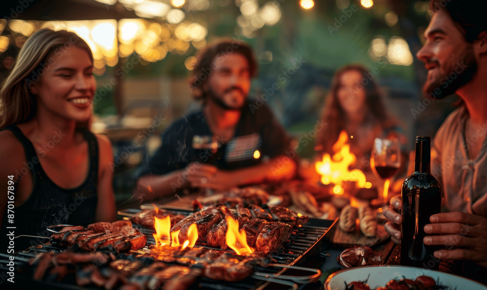 Fototapeta premium Friends Enjoying BBQ Party in Backyard with Wine and Grilled Meat - Diverse Group Having Fun Outdoors