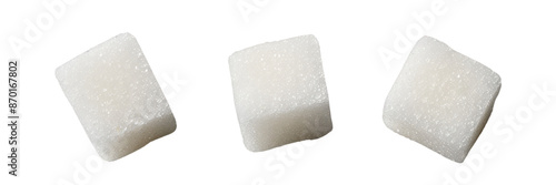 Three white sugar cubes isolated on a transparent background, in a top view, flat lay. photo