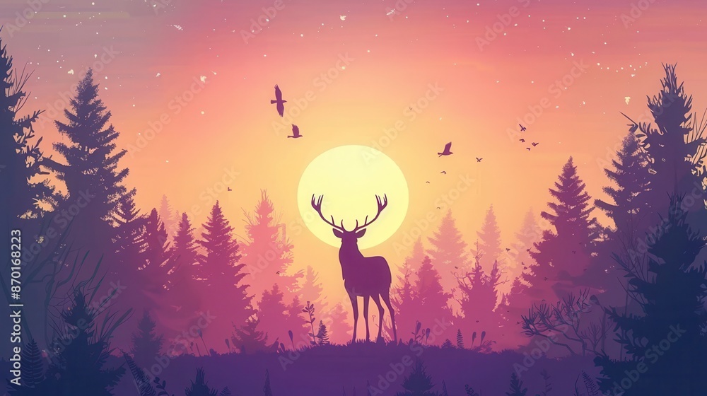 Silhouette of a majestic deer standing in a forest at sunset, with birds flying in a serene orange and purple sky. Silhouette of a majestic deer standing in a forest at sunset, with birds flying in a serene orange and purple sky.