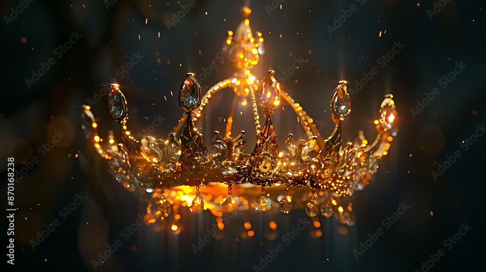 Glowing golden tiaras suspended elegantly in mid-air, radiating an aura of regal beauty Glowing golden tiaras suspended elegantly in mid-air, radiating an aura of regal beauty