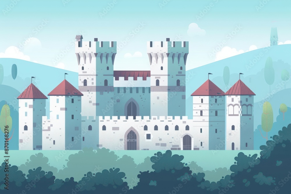Stunning illustration of a medieval castle with multiple towers and battlements, set against a beautiful mountainous landscape. Stunning illustration of a medieval castle with multiple towers and battlements, set against a beautiful mountainous landscape.