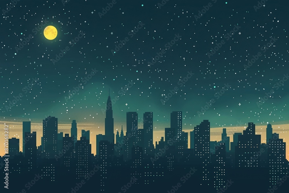 Stunning night cityscape with a star-filled sky, tall skyscrapers, and a glowing moon casting a dreamy ambiance over the urban landscape. Stunning night cityscape with a star-filled sky, tall skyscrapers, and a glowing moon casting a dreamy ambiance over the urban landscape.