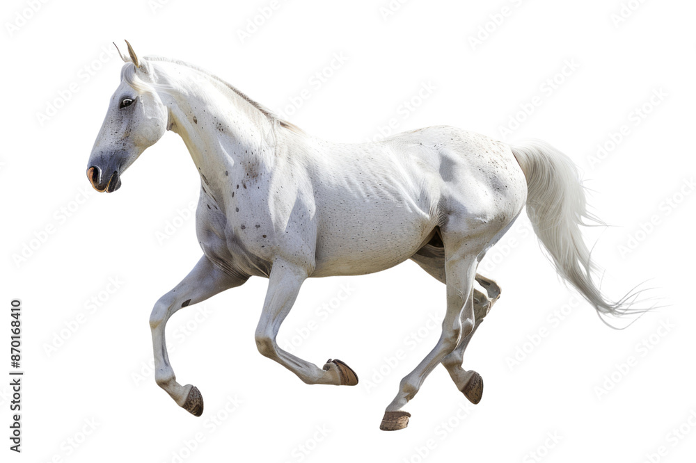 A white horse with mane and tail running in side view, full body shot, on a transparent background. A white horse with mane and tail running in side view, full body shot, on a transparent background.