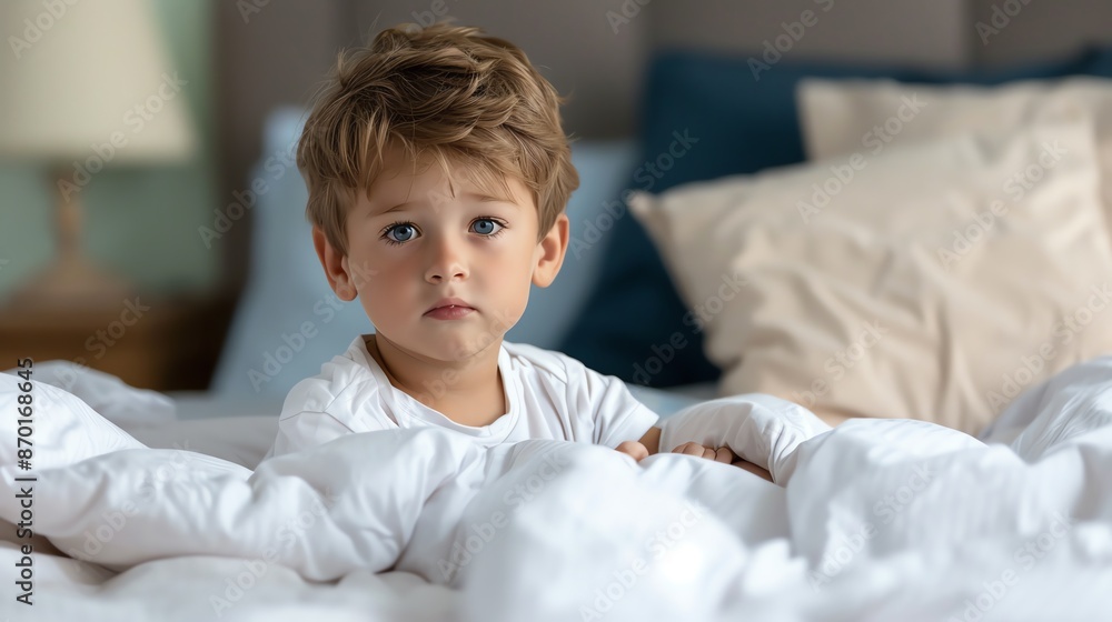 Child sitting up in bed with acid reflux discomfort, Nighttime discomfort, Pediatric health Child sitting up in bed with acid reflux discomfort, Nighttime discomfort, Pediatric health