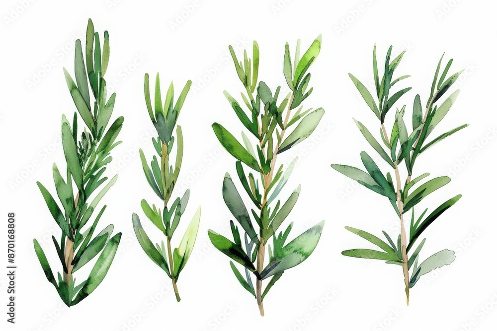 Obraz premium Watercolor illustration of four green rosemary sprigs on a white background, perfect for botanical and culinary designs.