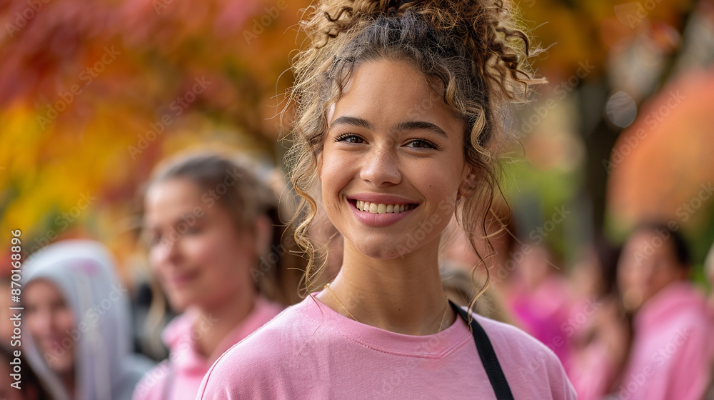 girl with pink t-shirt in a march for breast cancer prevention, out of focus background. girl with pink t-shirt in a march for breast cancer prevention, out of focus background.