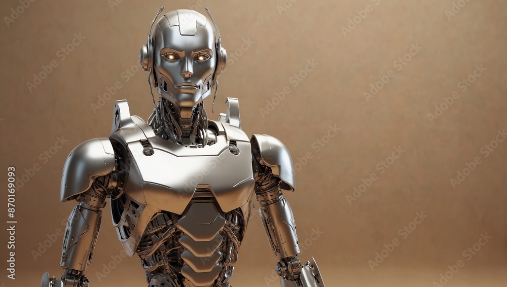 A sleek, silver humanoid robot with a futuristic design, standing against a brown background. A sleek, silver humanoid robot with a futuristic design, standing against a brown background.