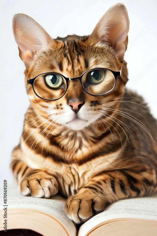 Obraz premium Bengal cat wearing glasses sitting with an open book, looking intelligent and focused