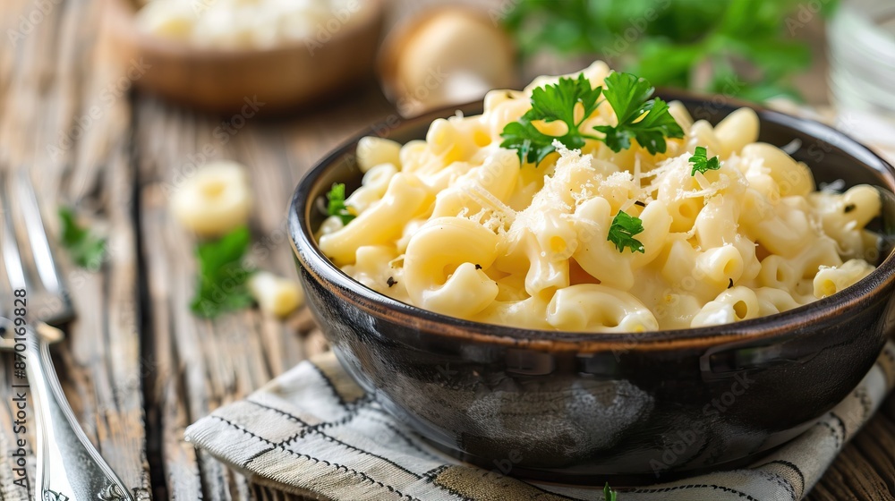 Delicious bowl of macaroni and cheese garnished with parsley on a rustic table highlighting homemade comfort food and tasty meals Delicious bowl of macaroni and cheese garnished with parsley on a rustic table highlighting homemade comfort food and tasty meals