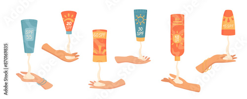 Hands squeeze sun protection cosmetic product set, flat spf moisturizer container, cartoon hand holds sun screen cream pack, vector sunscreen spray tube and isolated sunblock lotion bottle,