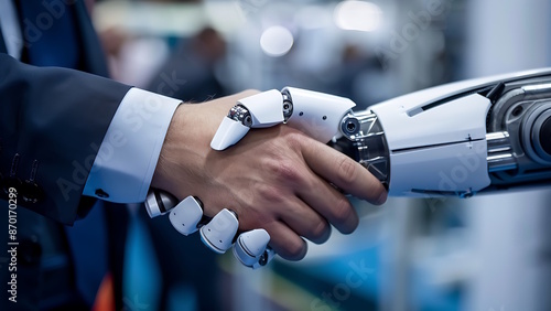 Businessman and Robot hands in handshake.