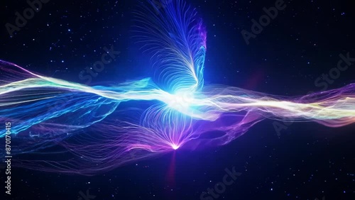 Vibrant blue and purple energy waves intertwine against a dark starry background. Luminous streaks of light create a dynamic, flowing pattern symbolizing cosmic forces or quantum phenomena.