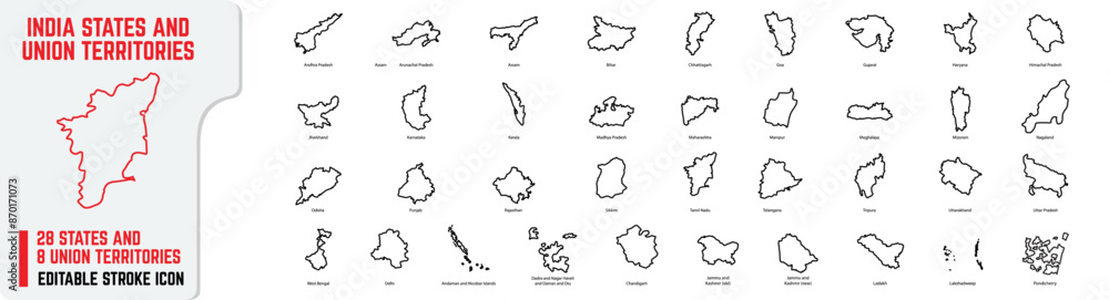 Editable stroke icons of the 28 states of India with Union Territories. States including Tamil Nadu, Delhi, Mumbai, Kolkata, & more, depicted as thin line icons isolated on a white background Editable stroke icons of the 28 states of India with Union Territories. States including Tamil Nadu, Delhi, Mumbai, Kolkata, & more, depicted as thin line icons isolated on a white background