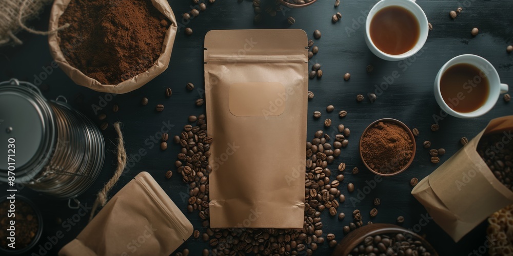 Coffee Packaging Mockup with Beans, Ground Coffee, and Cups on Rustic Table Coffee Packaging Mockup with Beans, Ground Coffee, and Cups on Rustic Table