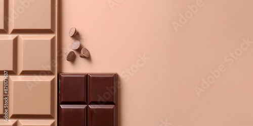 Assorted Milk and Dark Chocolate Bars with Chocolate Pieces on Beige Background photo