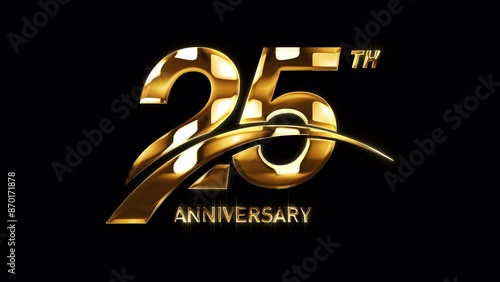 25th Golden Anniversary Celebration with Swoosh. Happy 25 Years Anniversary Animation in Gold Color on the Transparent Background, Alpha Channel. Great for greetings, celebrations, events, and gifts.