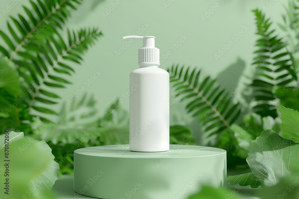 White Pump Bottle on Green Background with Leaves for Modern Cosmetic Mockup White Pump Bottle on Green Background with Leaves for Modern Cosmetic Mockup