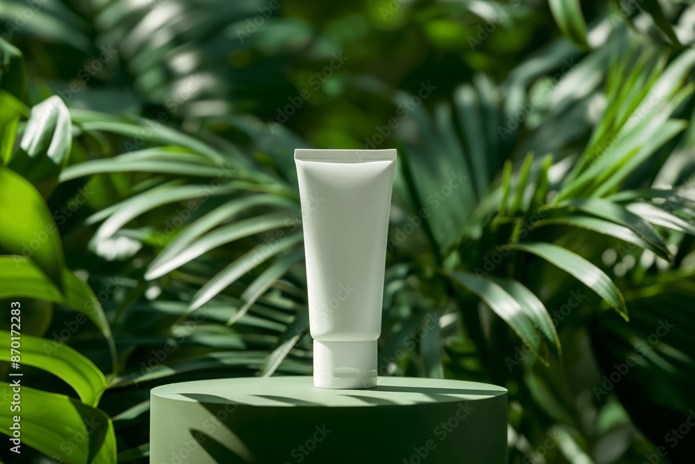 Cosmetic Tube Mockup on Green Surface with Lush Tropical Leaves for Natural Products Cosmetic Tube Mockup on Green Surface with Lush Tropical Leaves for Natural Products